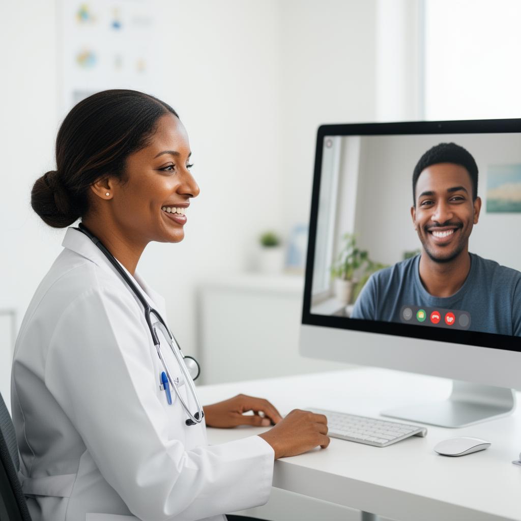 Habesha woman doctor on a telehealth video call with a patient