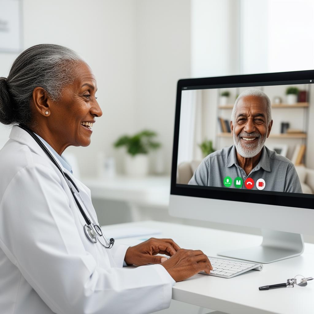 Older Habesha female doctor on a video call with an older Habesha man patient